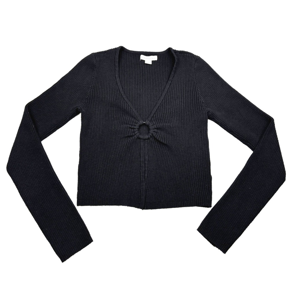Aeropostale Womens S Black Ribbed Knit O-Ring V-Neck Long Sleeve Crop Cardigan